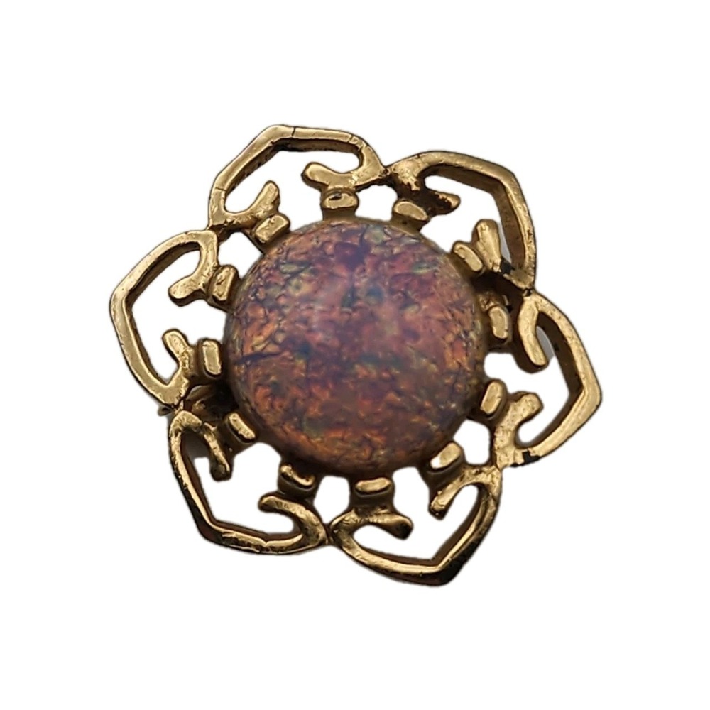 Vintage Faux Fire Opal Opaline Dragons Breath Cabochon Gold Tone Floral Brooch